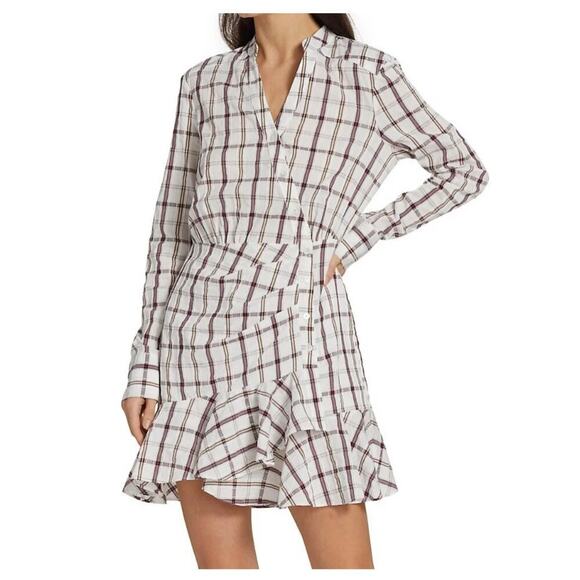 VERONICA BEARD Sherry Long-Sleeve Pleated Skirt Ruffle-Trim Shirt Dress - Picture 1 of 16